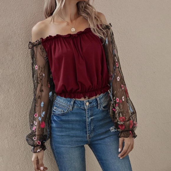 Boho Black Floral embroidered off shoulder Top - Picture 2 of 8